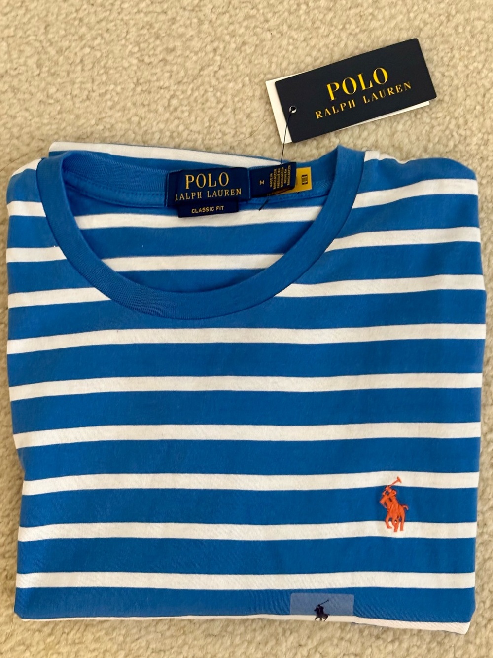 NWT Polo Ralph Lauren Men’s Blue and White Striped Tee Size M